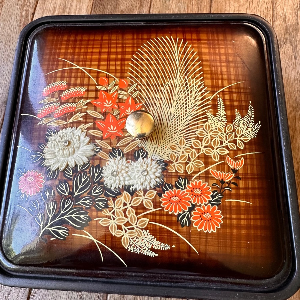 Vintage Otagiri Jewelry Box Small Floral Lacquer Brown Dresser Decor - Picture 2 of 8